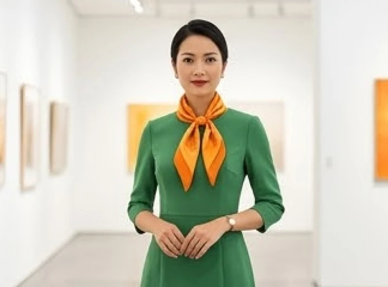 Chiếc đầm công sở màu xanh lá cây được phối thêm khăn lụa màu cam ấm áp