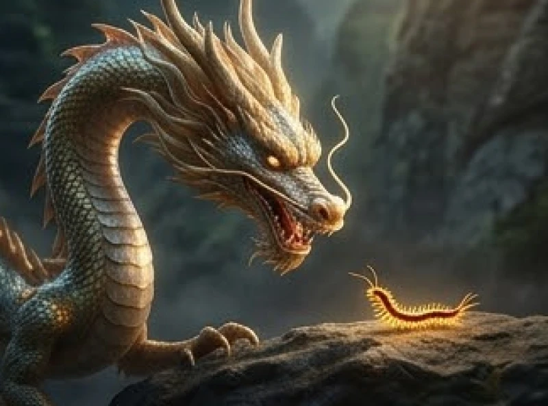 Một con rết nhỏ xíu bò trên tảng đá trong khi rồng khổng lồ lùi lại phía sau thể hiện sự e dè trước sinh vật bé nhỏ.