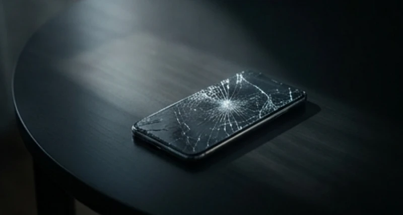 Chiếc smartphone bị nứt vỡ màn hình nghiêm trọng nằm trên mặt bàn tối