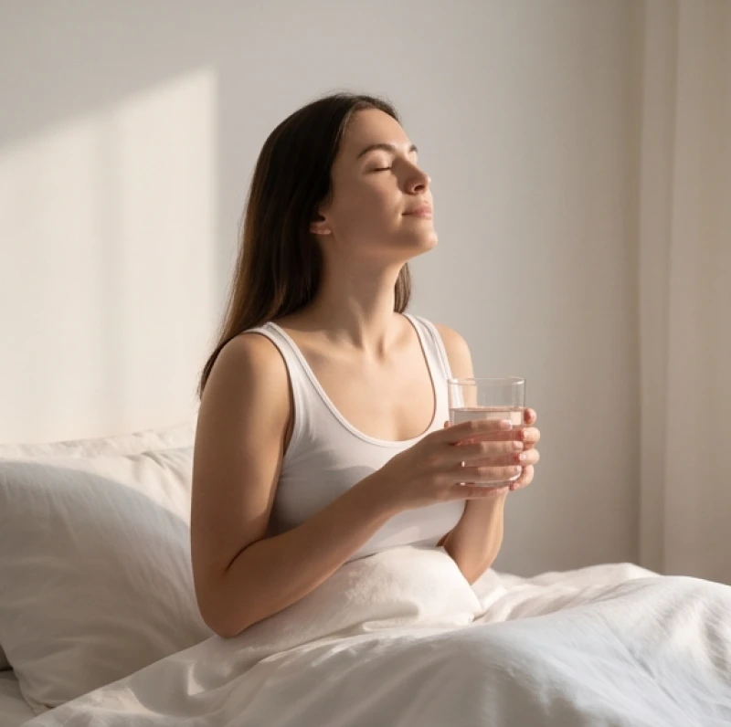 Một người phụ nữ đang ngồi thư giãn và điều hòa nhịp thở trên giường sau khi tỉnh dậy