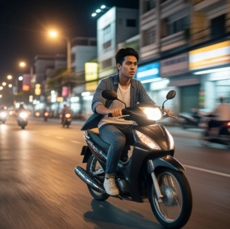 Người thanh niên chạy xe máy với tốc độ cao giữa phố phường đông đúc thể hiện sự nóng vội
