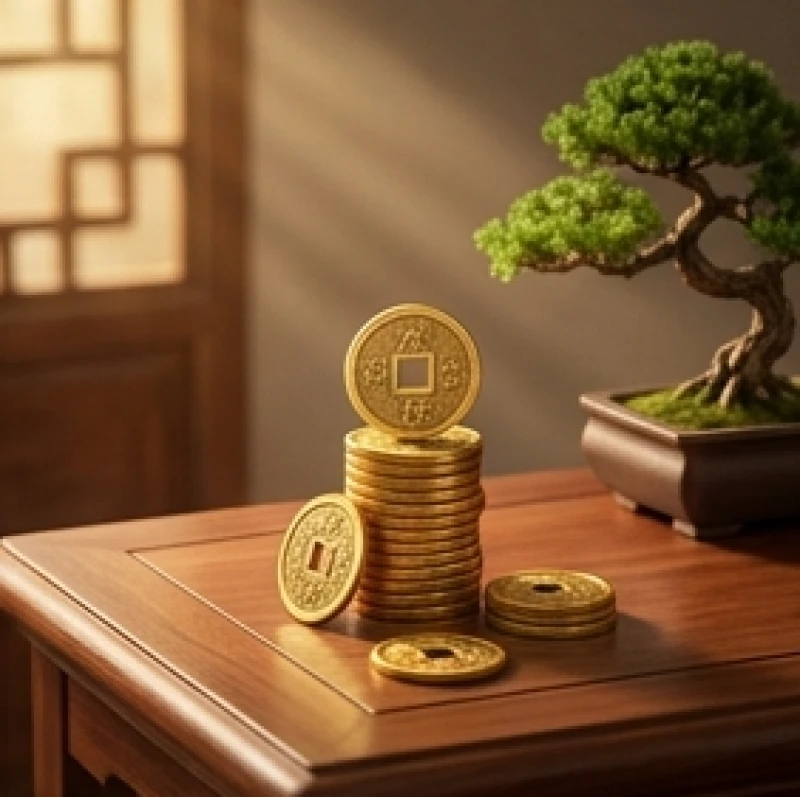 Những đồng tiền xu cổ và cây bonsai biểu trưng cho sự ổn định và phát triển rực rỡ ở tuổi trung vận