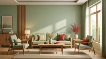 Thiết kế nội thất phòng khách mang sắc xanh lá và gỗ tự nhiên giải đáp đinh dậu 1957 hợp màu gì