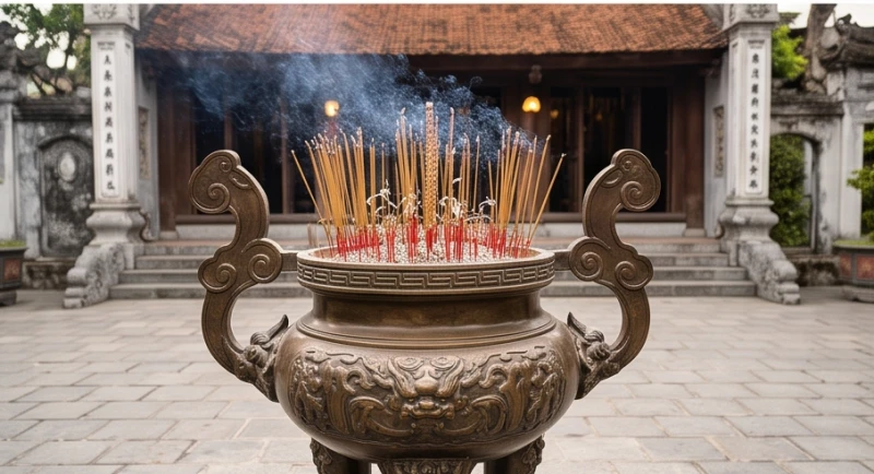 Văn khấn Đức Thánh Trần tại Đền Ngọc Sơn: Bài khấn & cách sắm lễ 6 Đỉnh đồng lớn chạm trổ tinh xảo đặt ngoài sân Đền Ngọc Sơn để phục vụ nghi thức thắp hương trình