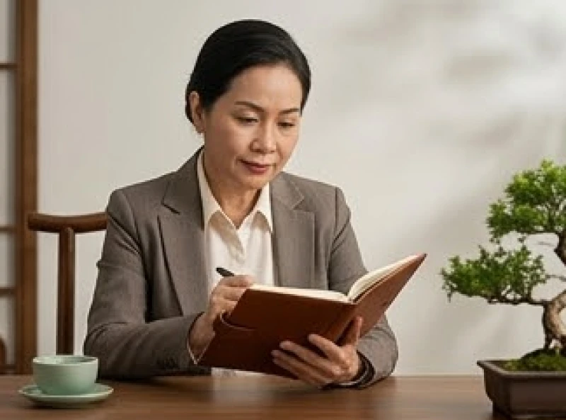 Hình ảnh một người phụ nữ trưởng thành đang suy tư bên bàn làm việc với các cuốn sổ kế hoạch kinh doanh