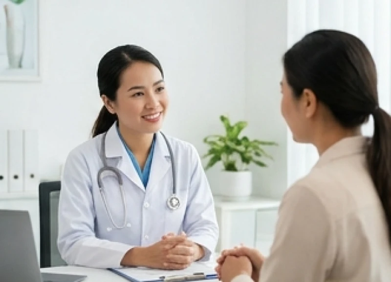 Chuyên gia y tế ân cần trao đổi và tư vấn giải pháp sức khỏe cho khách hàng