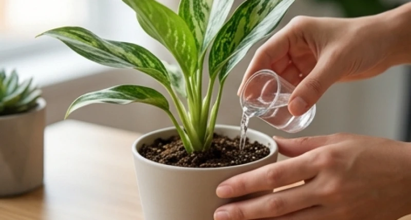 Thao tác cẩn thận rót ba mươi mililit nước sạch từ nắp chai sát vào gốc cây ngọc ngân