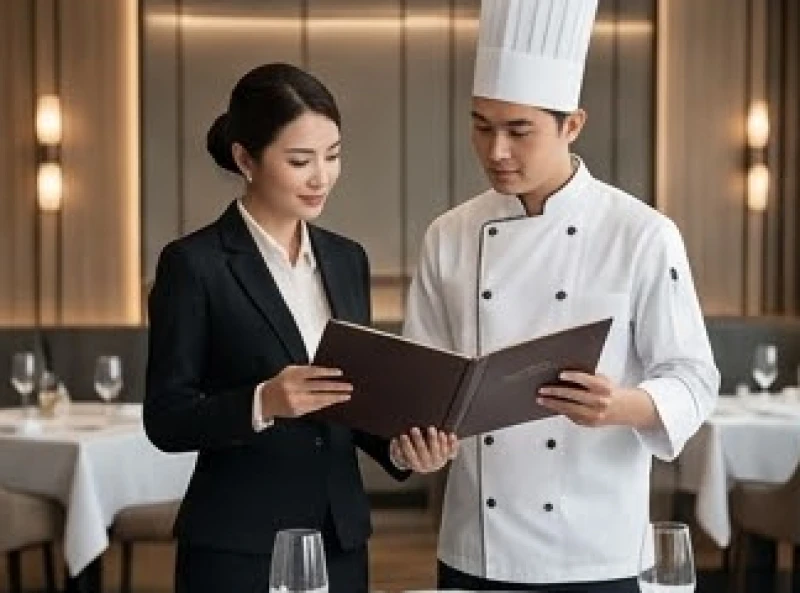 Tuổi Mão hợp làm ăn với tuổi nào: Chuẩn ngũ hành 1987 và 1999 5 Quản lý nhà hàng và bếp trưởng đang thảo luận thực đơn, minh họa cho sự thành công của tuổi Đinh Mão trong lĩnh vực ẩm thực
