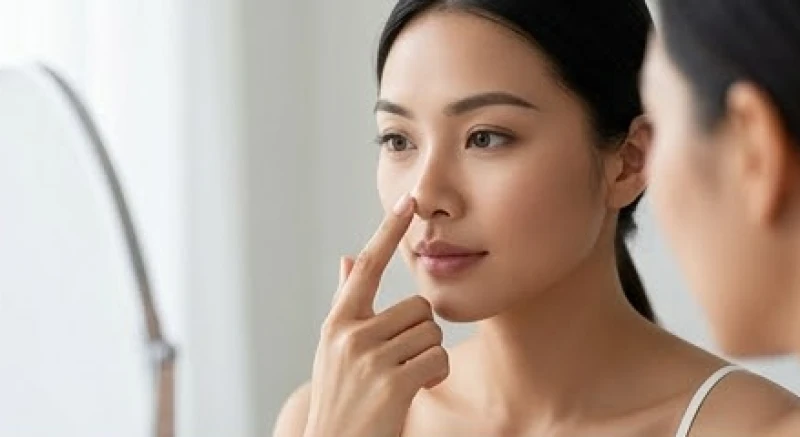 Nốt ruồi trên mặt phụ nữ giàu sang: Sơ đồ và quy tắc giữ tẩy 2 Phụ nữ soi gương và dùng ngón tay chạm nhẹ vào đỉnh chóp mũi để xác định cung Tài Bạch