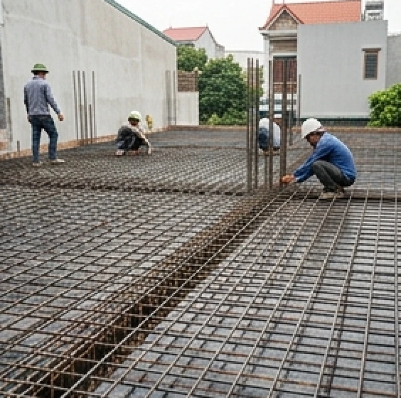 Công nhân xây dựng đang chuẩn bị ván khuôn và đan lưới cốt thép để tiến hành đổ bê tông mặt sàn tầng một