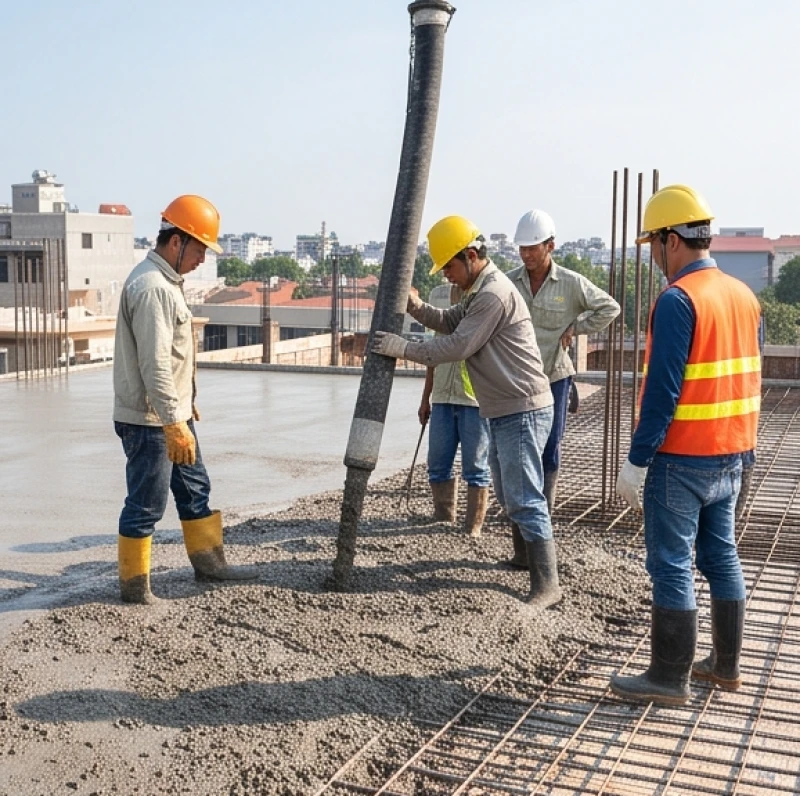 Xe bơm bê tông và thợ xây đang thực hiện công đoạn đổ mái ngay sau khi hoàn thành lễ khấn thượng lương
