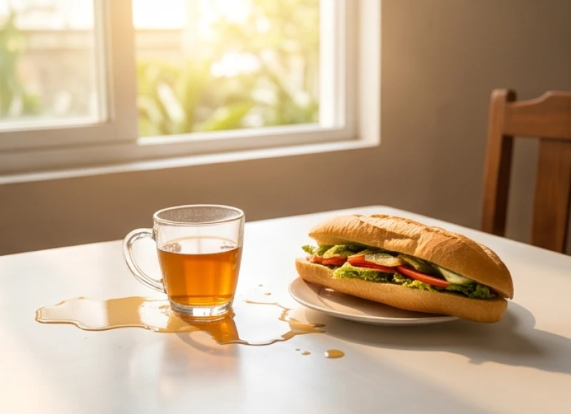 Ly trà và bánh mì ăn sáng bị đánh đổ trên bàn làm việc cạnh khung cửa sổ