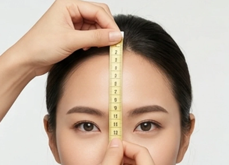 Căn chỉnh thước dây từ mép tóc đến lông mày để đo chính xác chiều cao của vầng trán