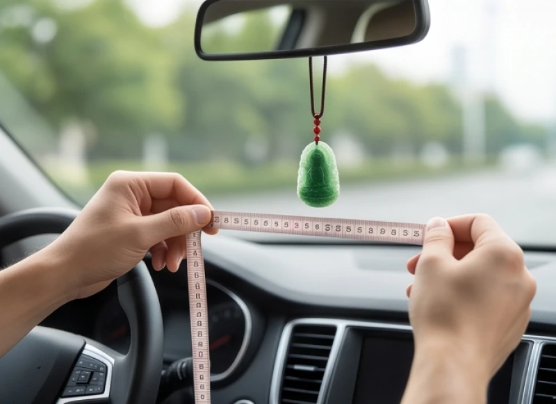 Bàn tay cầm thước dây đo khoảng cách từ khánh treo đến mặt taplo xe để đảm bảo an toàn