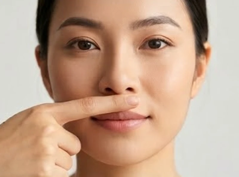 Người phụ nữ áp ngón tay trỏ lên mặt để tự ước lượng kích thước rãnh nhân trung