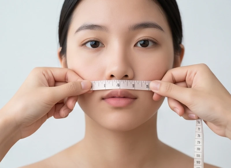 Thao tác sử dụng thước dây mềm để đo khoảng cách từ đáy mũi đến viền môi trên một cách cẩn thận