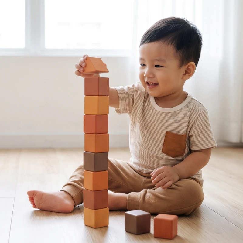 Bé hào hứng chơi xếp hình bằng các khối gỗ mang tông màu cam sậm và nâu
