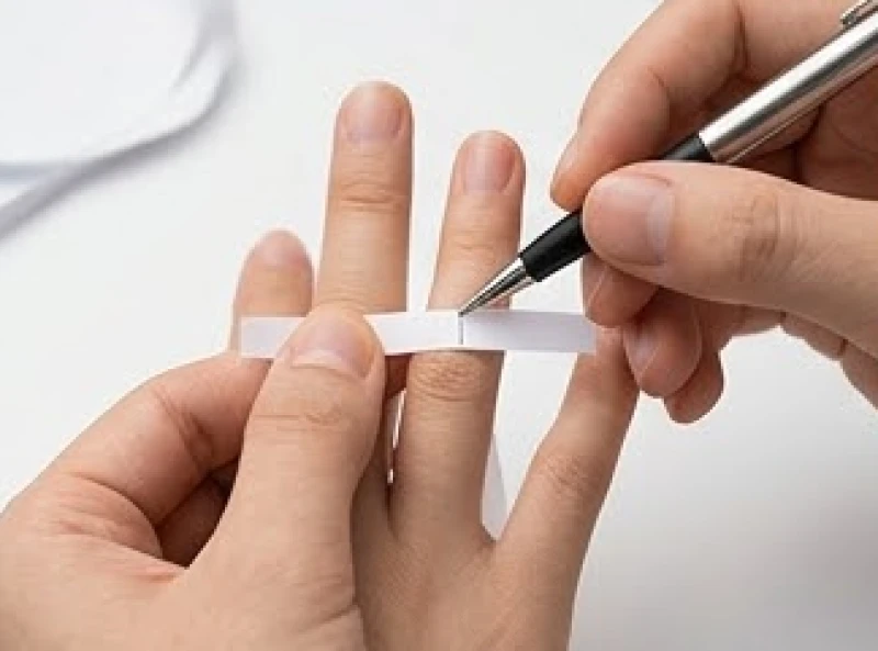 Thao tác quấn dải giấy trắng quanh gốc ngón tay và dùng bút mực đánh dấu điểm giao nhau chuẩn xác