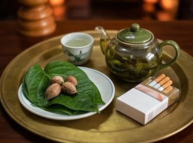 Mâm lễ chay dâng Quan Hoàng Bảy gồm rượu trắng, trà mạn, trầu cau và thuốc lá