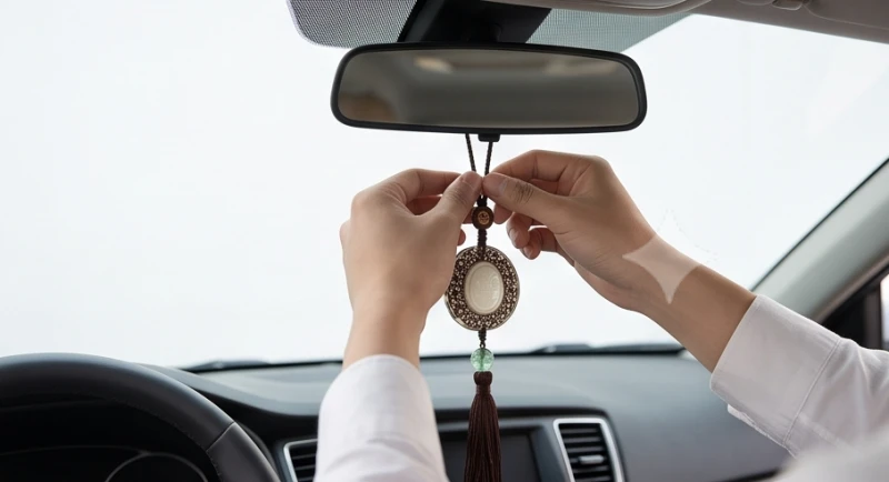Thao tác đo đạc khoảng cách dây treo gương chiếu hậu ô tô để vật phẩm không cản trở tầm nhìn người lái