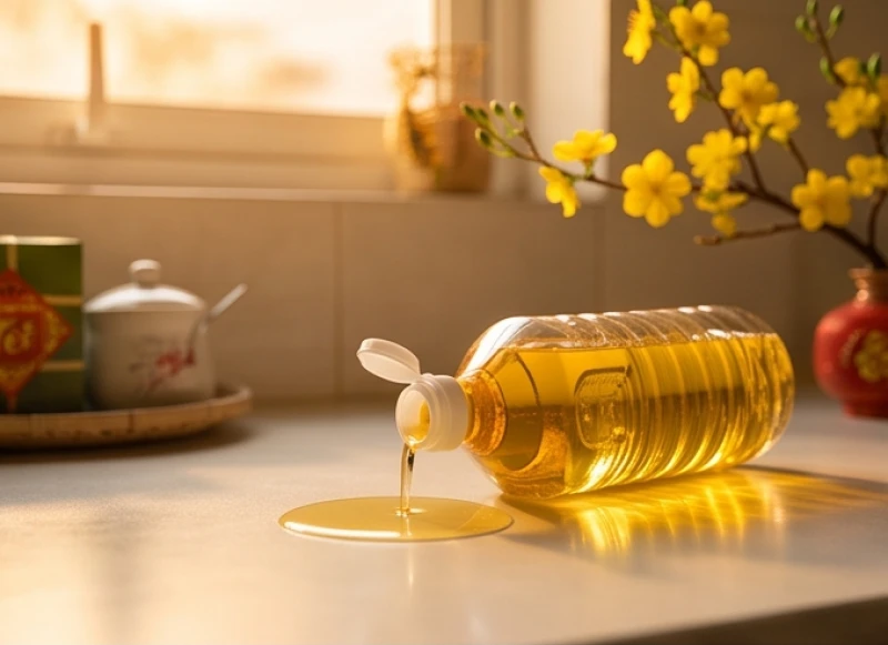 Chai dầu ăn bị nghiêng đổ một ít ra mặt bàn bếp cạnh mâm ngũ quả và nhành mai vàng ngày Tết
