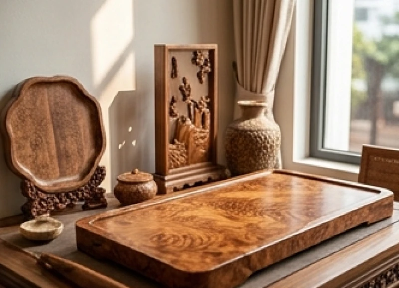 Các món đồ decor mộc mỹ nghệ và khay trà gỗ lũa được trưng bày tinh xảo trong một cửa hàng nội thất nhỏ