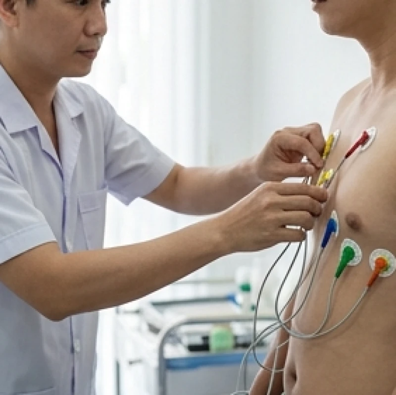Bác sĩ cẩn thận gắn các điện cực lên ngực bệnh nhân để chuẩn bị tiến hành đo điện tâm đồ Holter liên tục 24 giờ