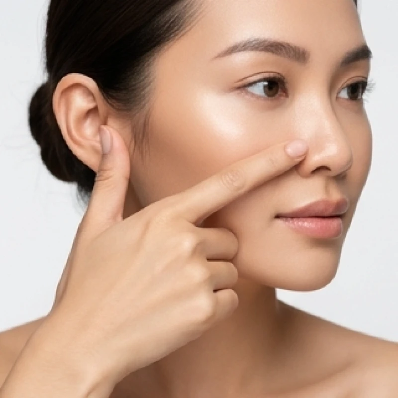 Thao tác đặt ngón tay đo độ cao từ đỉnh tai đến đáy mũi để xác định tướng gò má thấp hay cao
