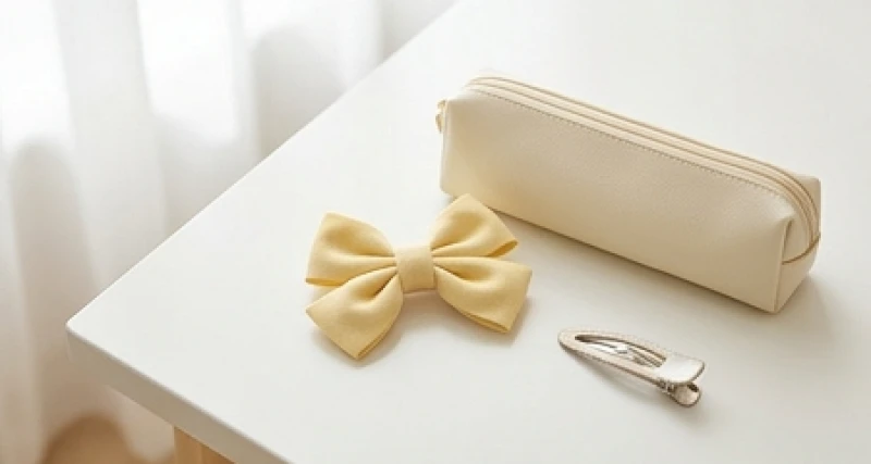 Góc phụ kiện đáng yêu của bé gái với nơ kẹp tóc và hộp bút mang tông màu kem sữa và vàng pastel