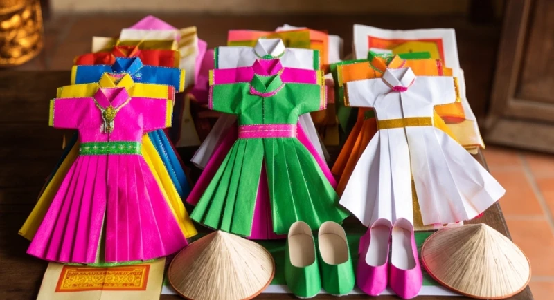 Văn khấn miếu Cô: Bài mẫu điền từ và bảng màu đồ mã chuẩn 3 Bộ đồ hàng mã gồm áo nón và hài xếp gọn gàng với các màu sắc trắng hồng xanh lục đặc trưng cho từng vị Thánh Cô