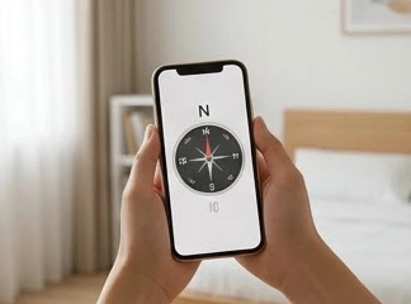 Ứng dụng la bàn trên điện thoại thông minh hiển thị tọa độ góc chính Bắc trong phòng ngủ