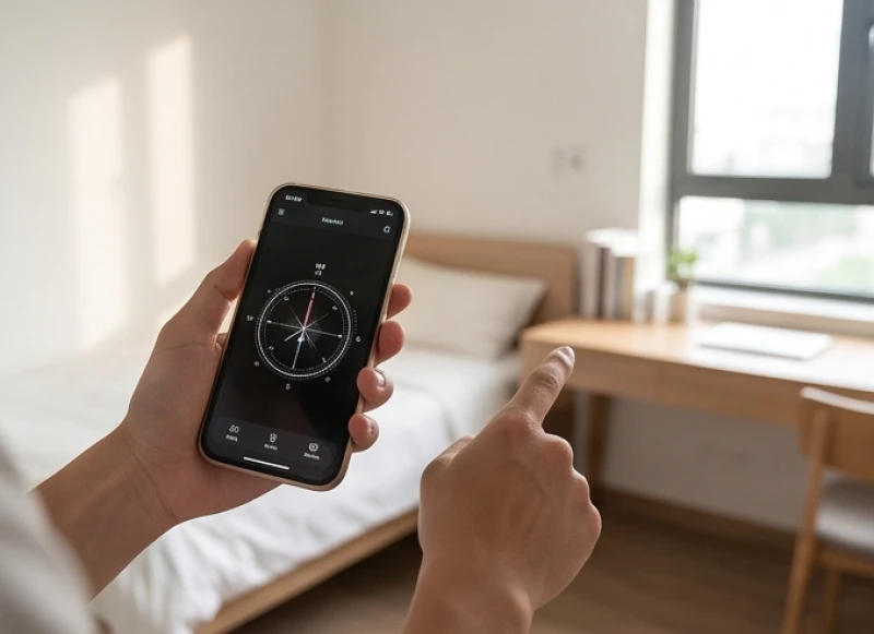 Hướng bàn học hợp tuổi Thìn: chuẩn Bát Trạch Nam Nữ & tự đo 1 Một người dùng la bàn trên điện thoại để xác định hướng bàn học hợp phong thủy