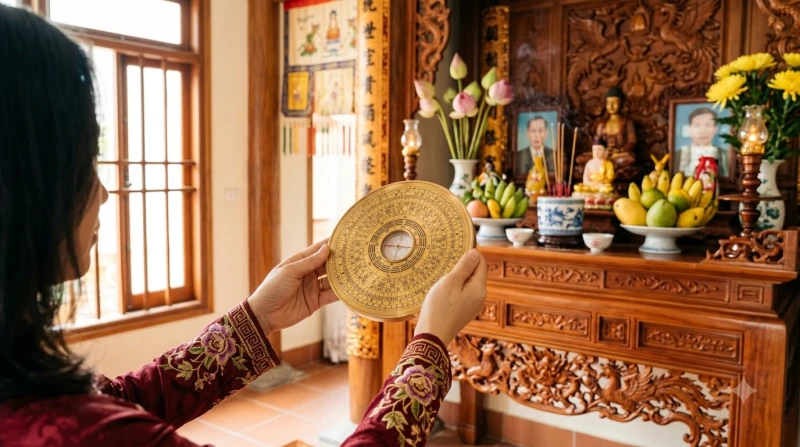 Thao tác cầm la bàn ngang ngực hướng vuông góc với mặt trước bàn thờ để kiểm tra tọa độ phương vị