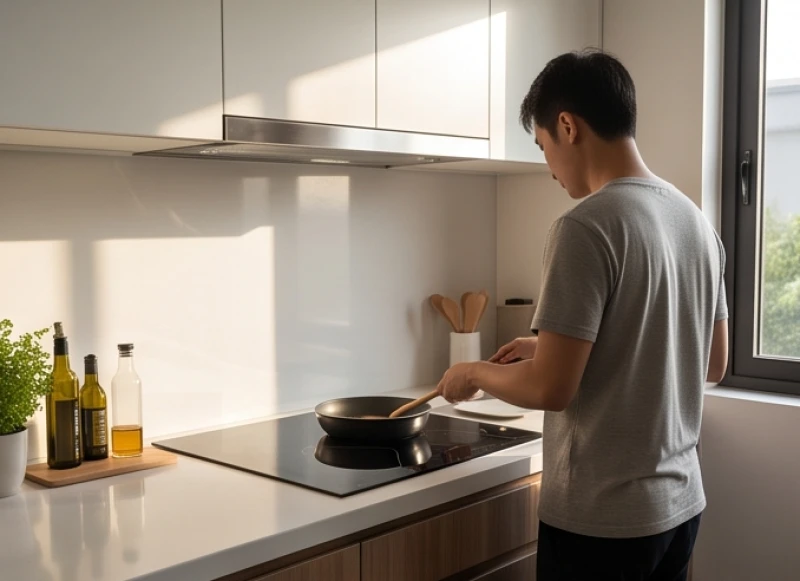 Hướng bếp hợp tuổi Tý: chuẩn nam nữ 5 can chi & quy tắc bố trí 3 Người phụ nữ đang nấu ăn tại bếp từ để xác định hướng lưng làm hướng bếp chuẩn