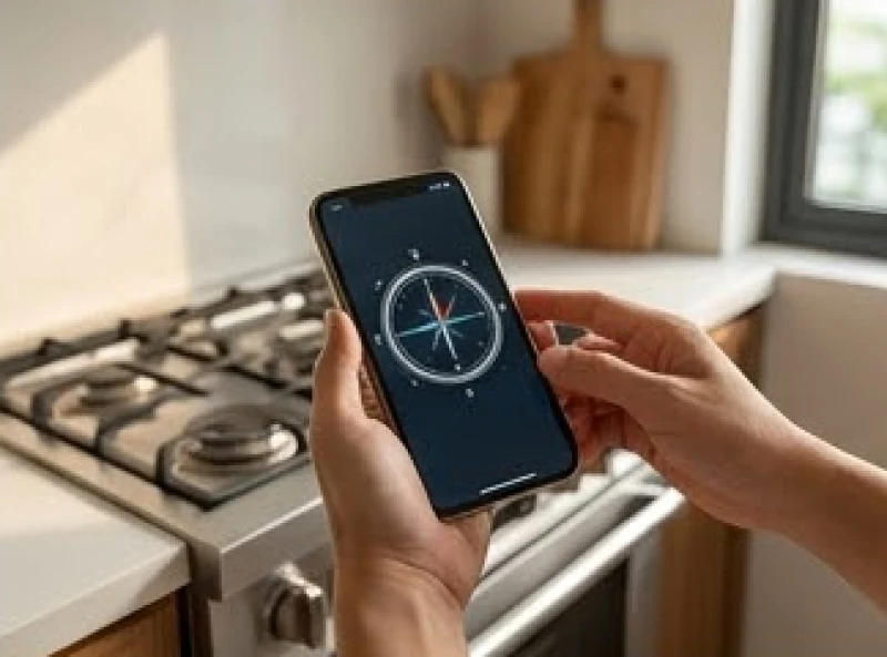 Hướng bếp hợp tuổi Dần: Bảng tra chi tiết Nam Nữ & cách hóa giải 6 Bàn tay cầm điện thoại mở ứng dụng la bàn để đo hướng mặt bếp nấu chuẩn xác