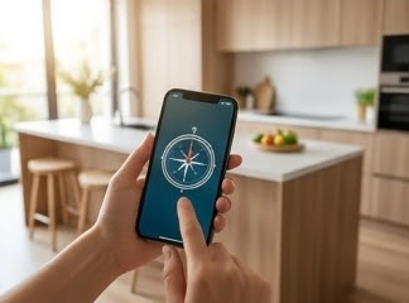 Đứng lùi xa mép tủ bếp để sử dụng la bàn trên điện thoại ngắm trục nạp khí nhằm tránh nhiễu từ trường