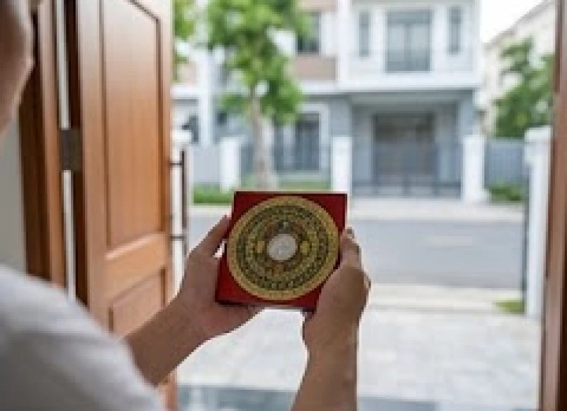Người đàn ông đứng ở cửa chính dùng la bàn để đo hướng nạp khí của ngôi nhà phố