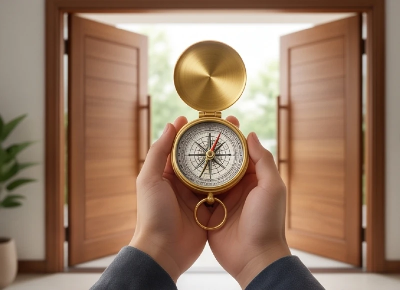 Tuổi Thìn hợp hướng nào? Bảng tra cứu Nam Nữ & cách hóa giải 3 Người đàn ông đứng trước cửa chính dùng la bàn phong thủy đo phương vị đón tài lộc