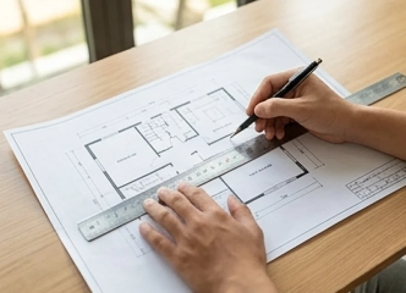 Hướng cửa chính hợp tuổi Thân: Kích thước Lỗ Ban & Hóa giải 4 Bản vẽ mặt bằng ngôi nhà với đường kẻ vuông góc từ tâm ra chính giữa mép cửa