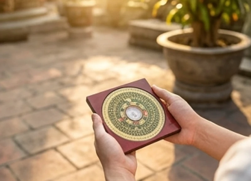 Chiếc la bàn phong thủy được sử dụng để xác định góc đặt chậu cây cảnh ở khoảng sân ngập tràn ánh nắng