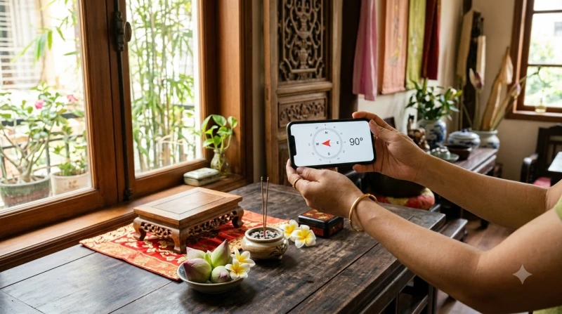 Ứng dụng la bàn trên màn hình điện thoại đang chỉ chính xác vào dải tọa độ 90 độ tương ứng với hướng chính Đông