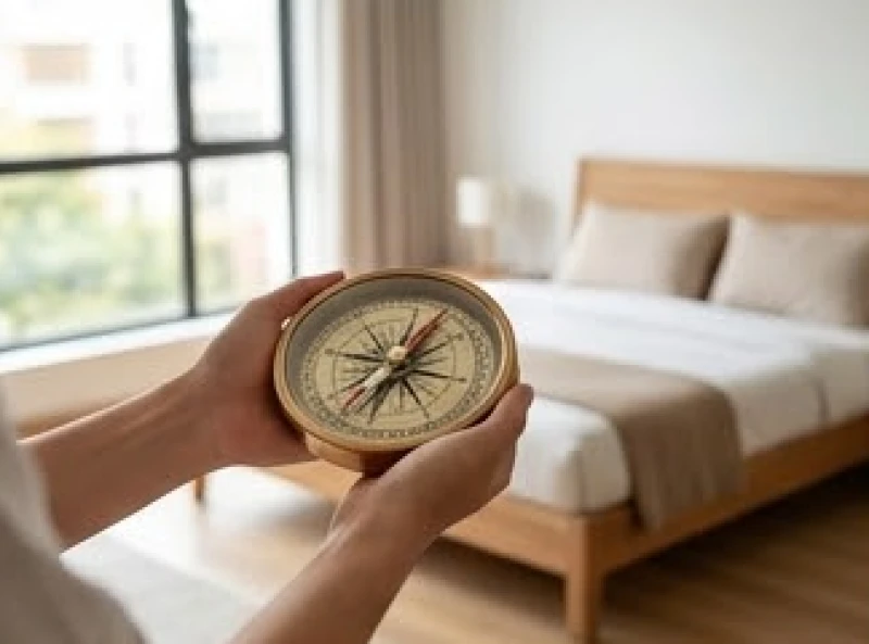 Hướng giường ngủ hợp tuổi Tuất: Quy tắc đo và cách hóa giải 5 Bàn tay cầm chiếc la bàn phong thủy đo đạc tọa độ hướng chân giường để xác định góc độ Cát tinh chuẩn xác
