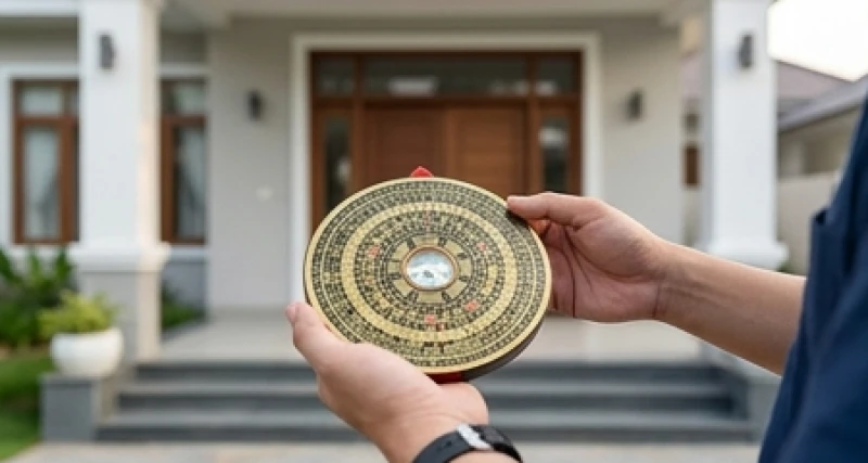Tay cầm la bàn phong thủy định vị hướng cửa chính tại giao điểm đường chéo tâm hình học của nhà phố