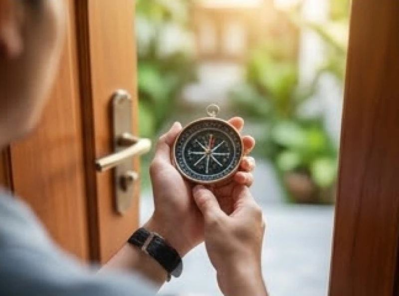 Bàn tay cầm la bàn đứng trước ngưỡng cửa gỗ đo phương vị cát hung của ngôi nhà