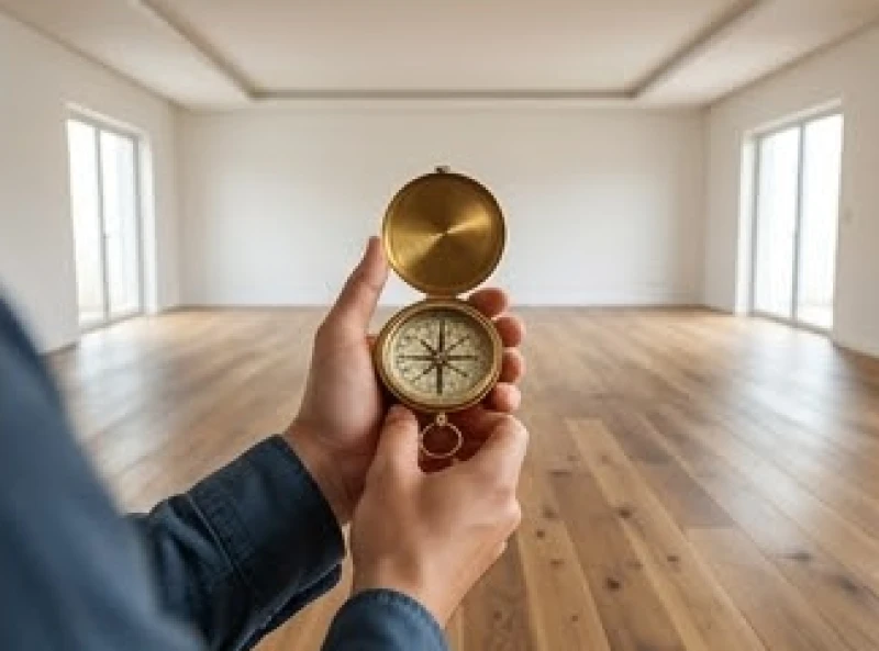 Người dùng cầm la bàn cơ học cẩn thận đứng đo hướng tại tâm phòng khách