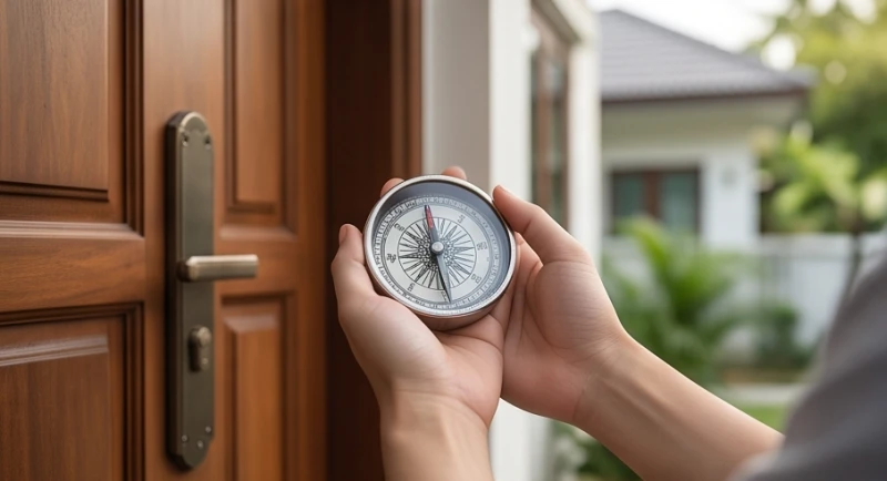 Người đàn ông cầm la bàn cơ học đứng trước hiên nhà gỗ để đo chính xác tọa độ phong thủy cửa chính
