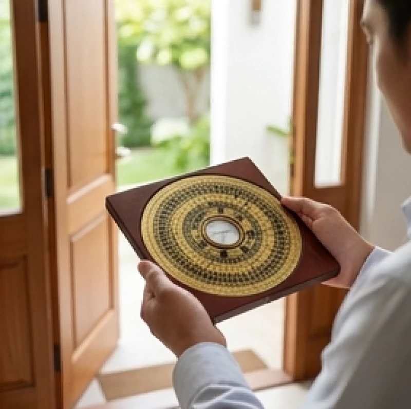 Người đo cầm la bàn phong thủy lùi lại một khoảng cách tiêu chuẩn so với cửa chính để lấy số đo chính xác