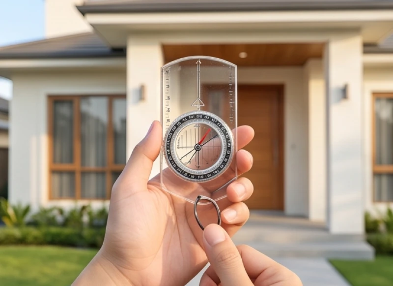 Bàn tay cầm la bàn phong thủy đứng trước cửa nhà để đo đạc và xác định chính xác phương vị không gian