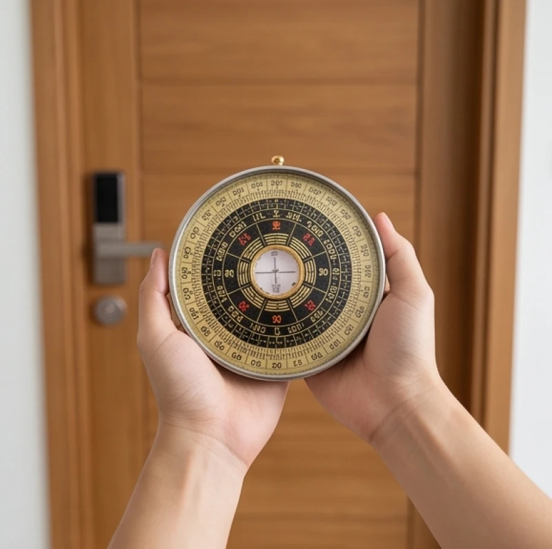 Người đo đang giữ la bàn thăng bằng trước cửa chính để kiểm tra độ số