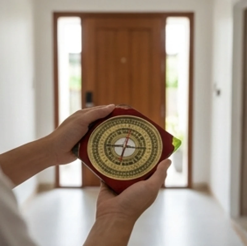 Người dùng cầm la bàn phong thủy ngang tầm hông đứng trước cửa chính để đo chính xác tọa độ